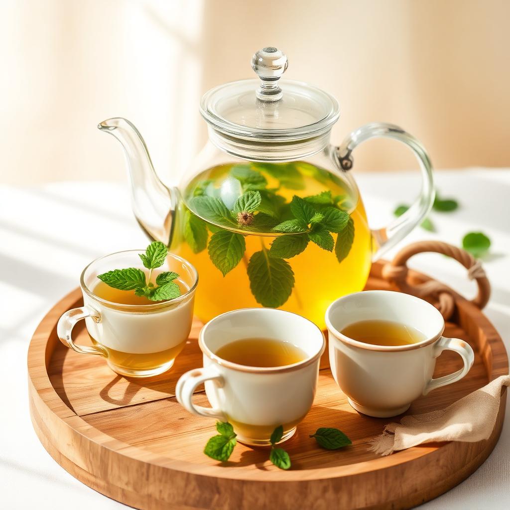 Glaskanne mit frischem Pfefferminztee